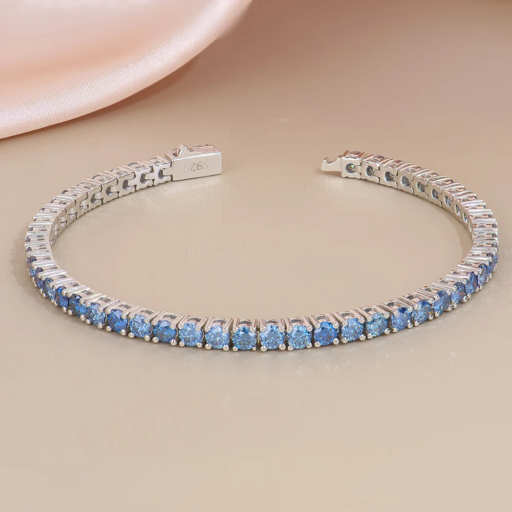 fine jewelry 3mm-6mm Sterling Grade gra VVS Royal Blue Mossanite Moissanite Diamond Tennis Chain Bracelet 925 Silver