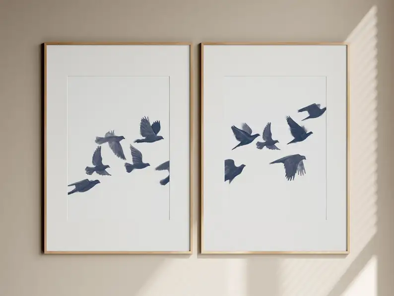 2pcs Modern Navy Blue Bird Flock Canvas Wall Art, Frameless Minimalist Wall Art Posters for Living Room and Bedroom Decortions