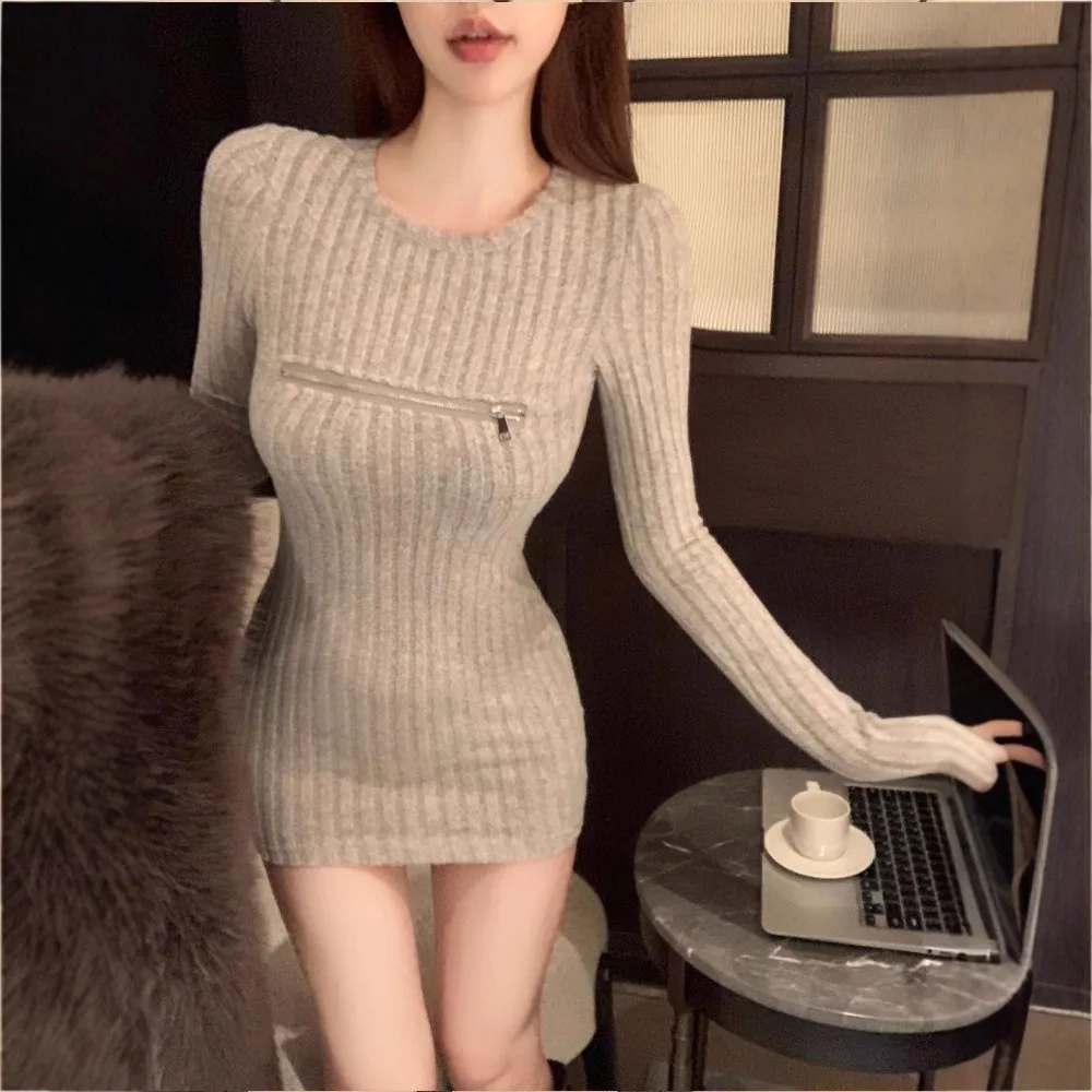 

Slim Chest Zipper Long Sleeve Knitted Hip Skirt Women's Sexy Hollow Dress Pinched Waist Skirt
