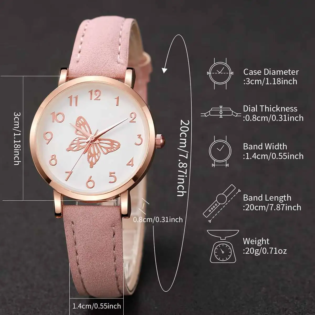 6PCS/Set Fashion Butterfly Dial Women Quartz Watch Simple Leather Strap Wrist Watches Jewelry Set Reloj Mujer（Without Box）