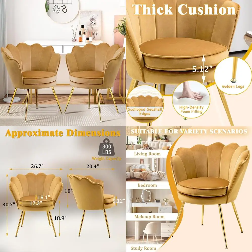 Pair of Velvet Accent Chairs for Living Room and Makeup Vanity with Golden Metal Legs