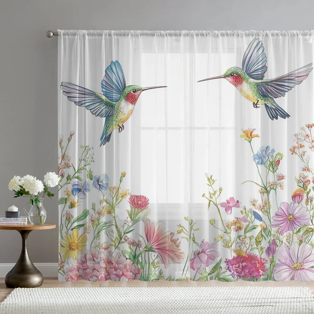 Cute Floral Hummingbird Curtains Botanical Garden Pattern Watercolor Window Panels Sheer Curtains for Living Room Nursery