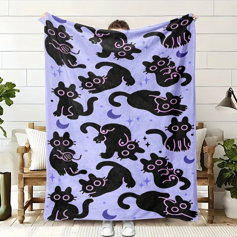 Whimsical Black Cat Pattern Fleece Blanket - Soft, Warm & Cozy | Ideal for Sofa, Bed, Office Nap, Camping
