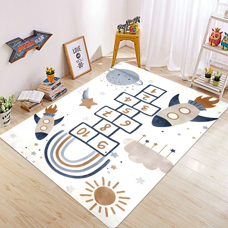 Alfombra de juego infantil con diseño de cohete espacial, tapete antideslizante y lavable para sala de juegos, dormitorio o decoración de guardería