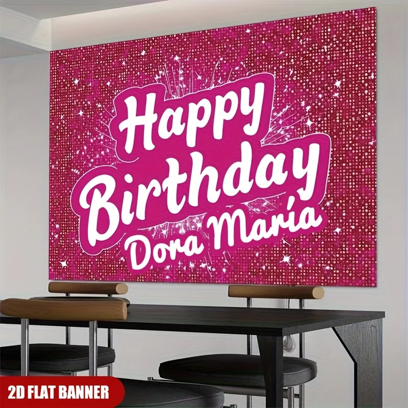 VIKAMA Pink Glitter Happy Birthday Banner Custom Name Tapestry Party Backdrop Sparkle Star Wall Hanging for Photo Booth Decor