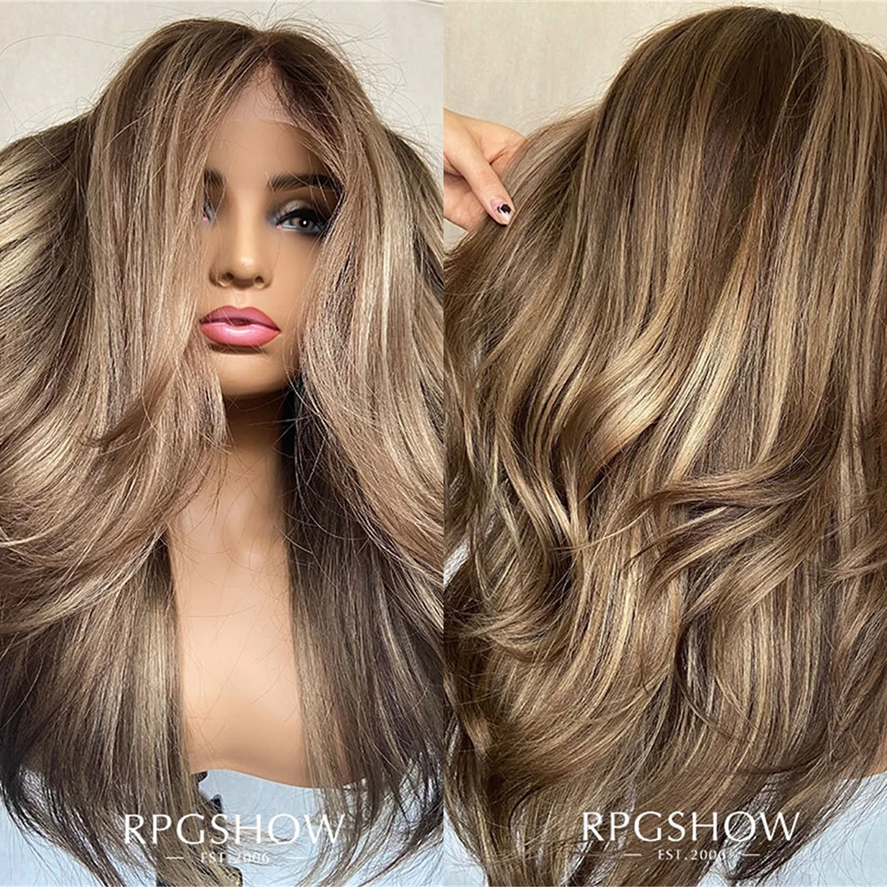 Layered Wavy Mushroom Blonde Balayage Maxipart Glueless Lace Wig Shoulder Length Layered Wavy Blonde Highlights Lace Front Wig