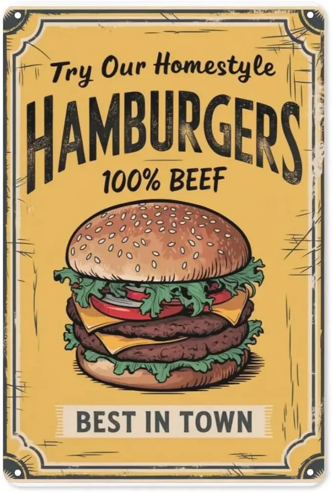 Classic Burger Tin Sign  Retro Diner Metal Wall Art for Kitchen, Garage Bar ; 1950s Theme Decor with Foodie Aesthetic-aluminu