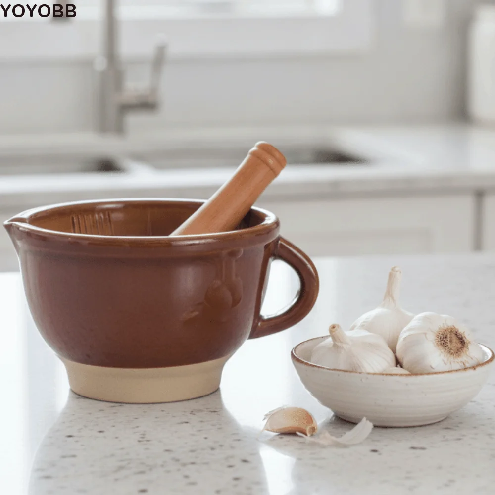 Rustic Style Ceramic Mortar and Pestle Set with Handle Non-Slip Base Kitchen Herb Grinding Mortar Brown V Shape Diverter
