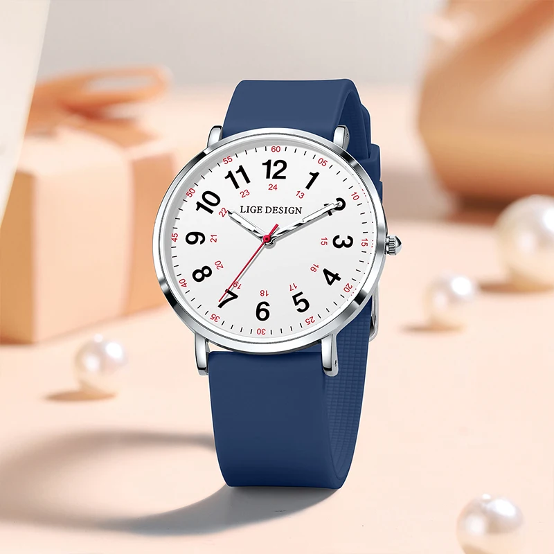 LIGE 2025 여성용 시계 우아한 단순 방수 12/24 시간 다이얼 컬러 실리콘 스트랩 여성용 시계 montre femme