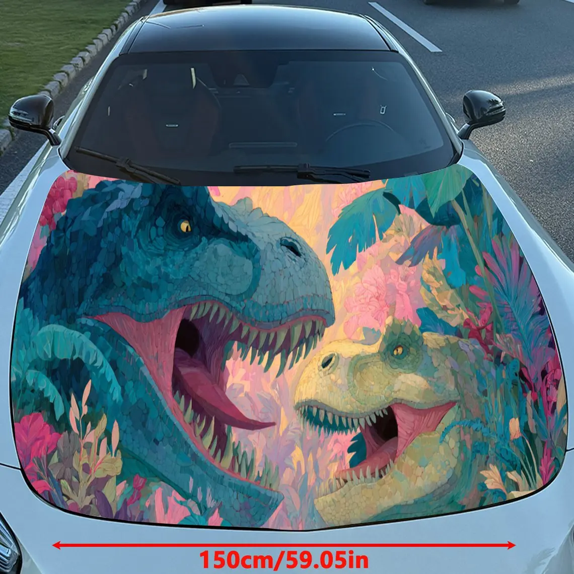 Dynamic Colorful Dinosaur Car Hood Stickers - Self-Adhesive, Waterproof and Durable Vinyl Wrap, Decorate And Protect Your Car, F