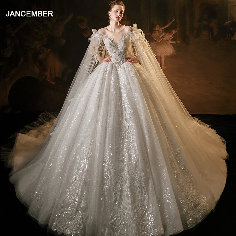 

Jancember Factory Wholesale Exquisite Wedding Dress Organza Customization O-Neck Short Sleeves Sequins Vestido De Novia LSMX031