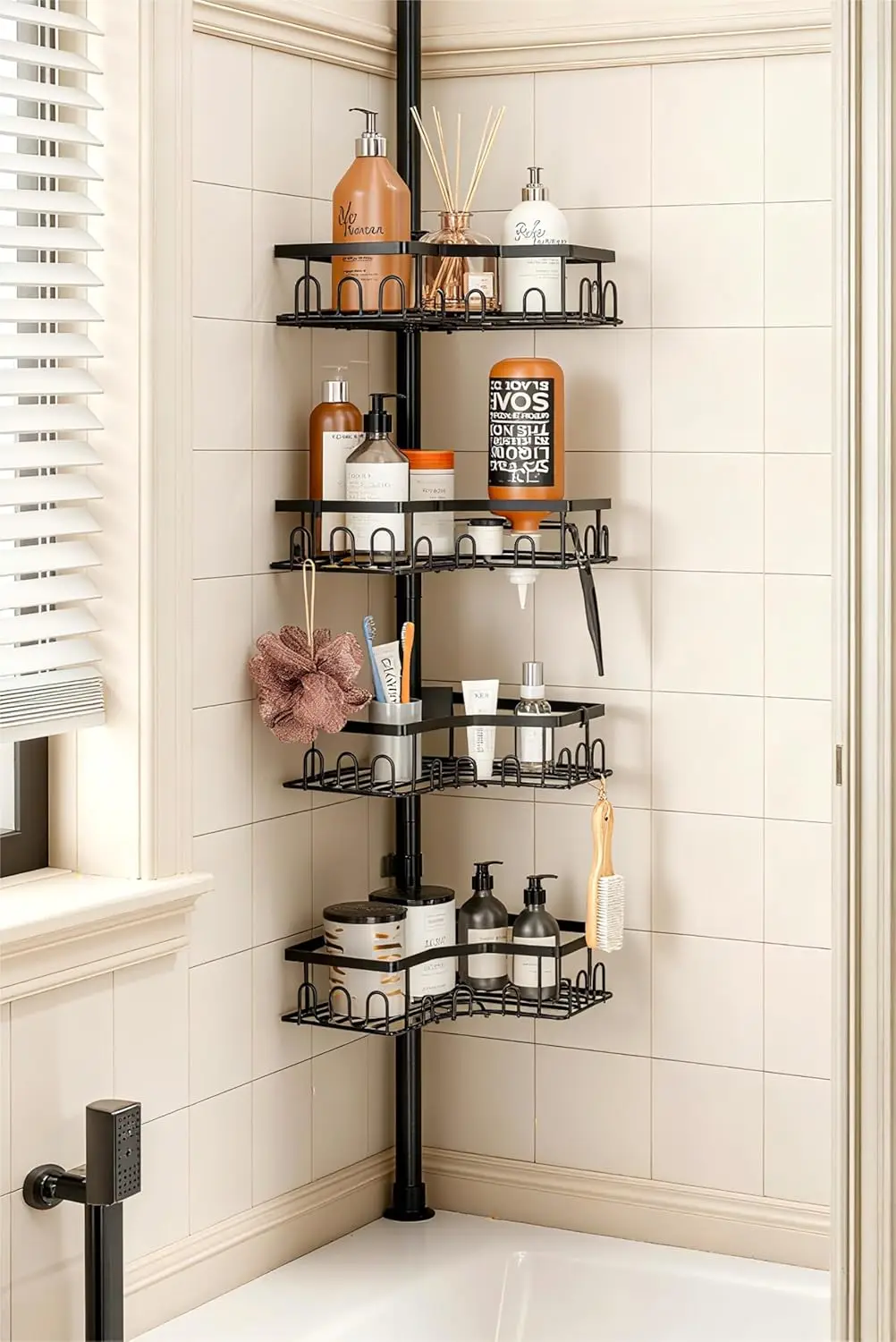 

4-Tier Adjustable Shower Corner Shelf, Space-Saving Bathroom Organizer for Bathtub, Black