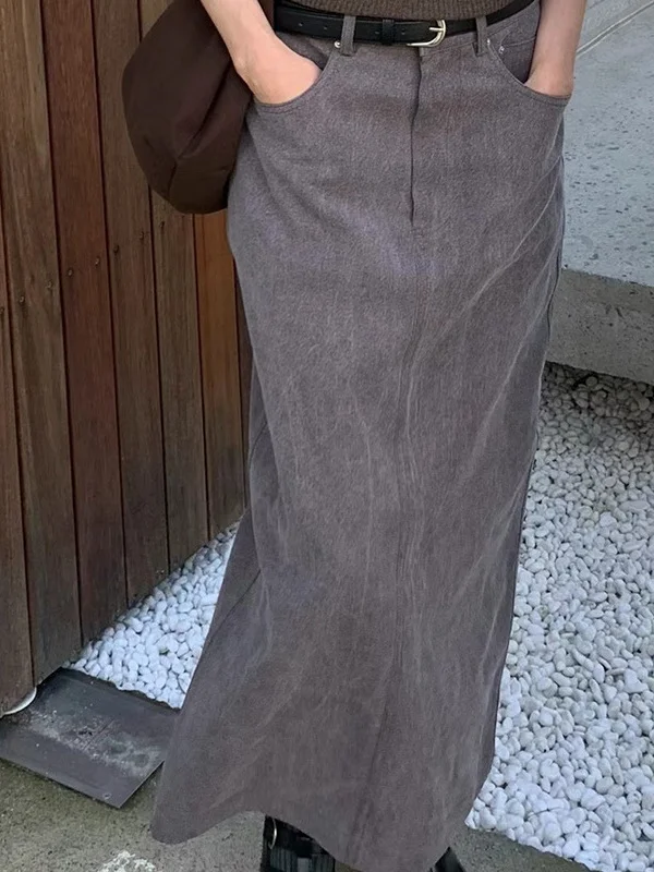 Primavera 2025 feminino cintura alta corte reto saia jeans simples ele alta fenda saia longa commute sle cor pura