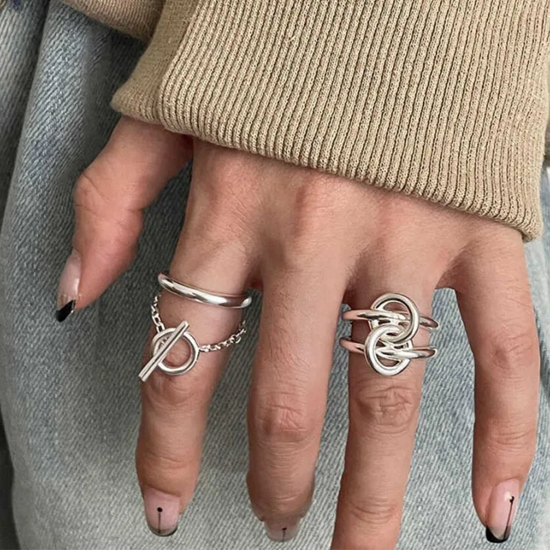 Foxanry Silver Color Chain Double-layered Open Rings For Women Couples Personality Creative Trendy Daily Jewelry Gifts Wholesale