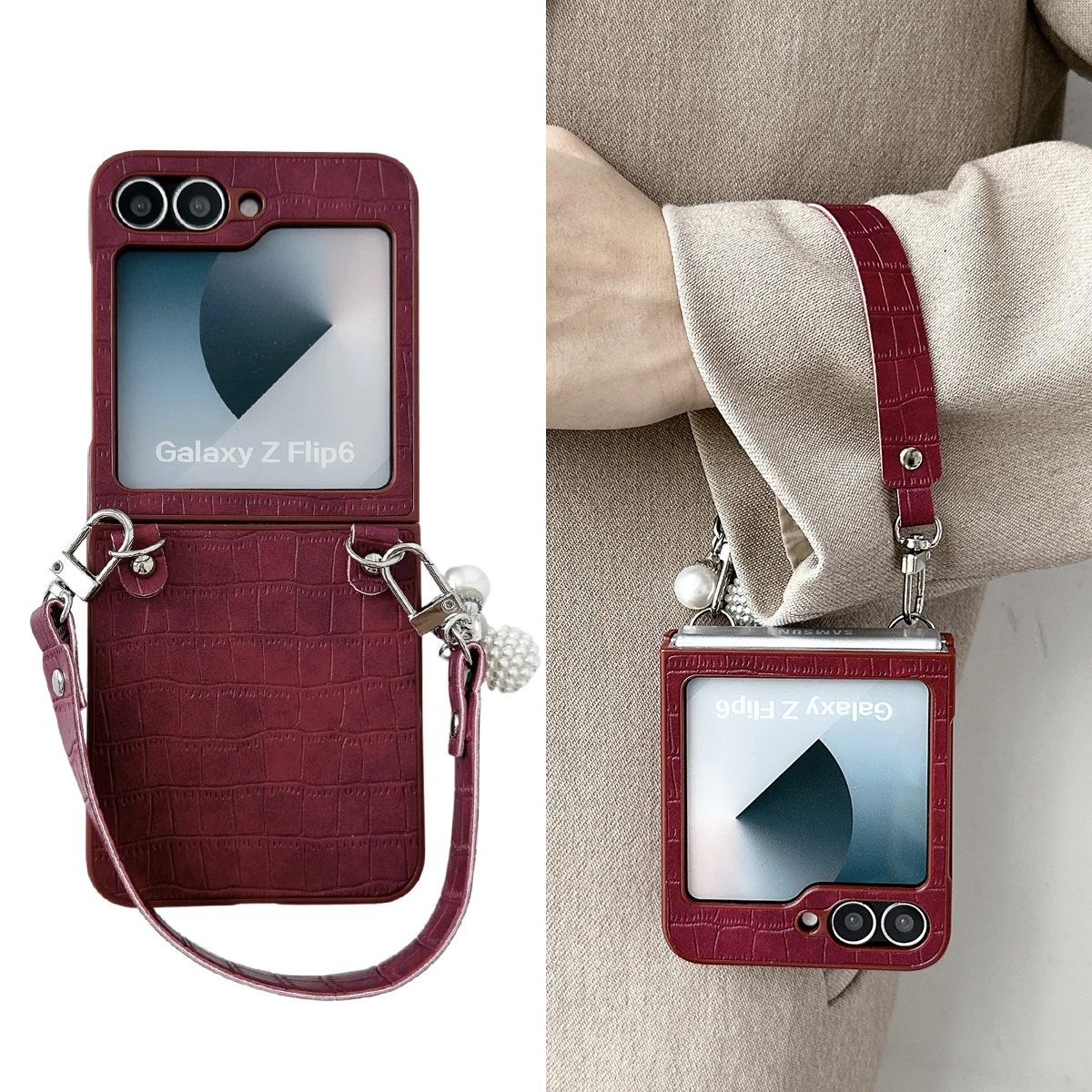 

Кожаный чехол для телефона с ремешком Crystal Pearl для Samsung Galaxy Z Flip 6 5 4 3 F7220 Flip6, элегантный чехол с ремешком