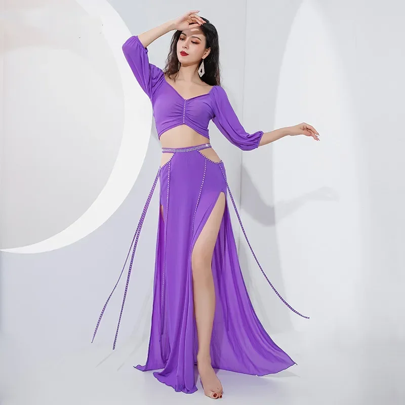 Sexy Women Bellydance Costume Shine Water Yarn Side Slit Long Skirt Oriental Dance Performance Show Clothes French Ruffle Sleeve