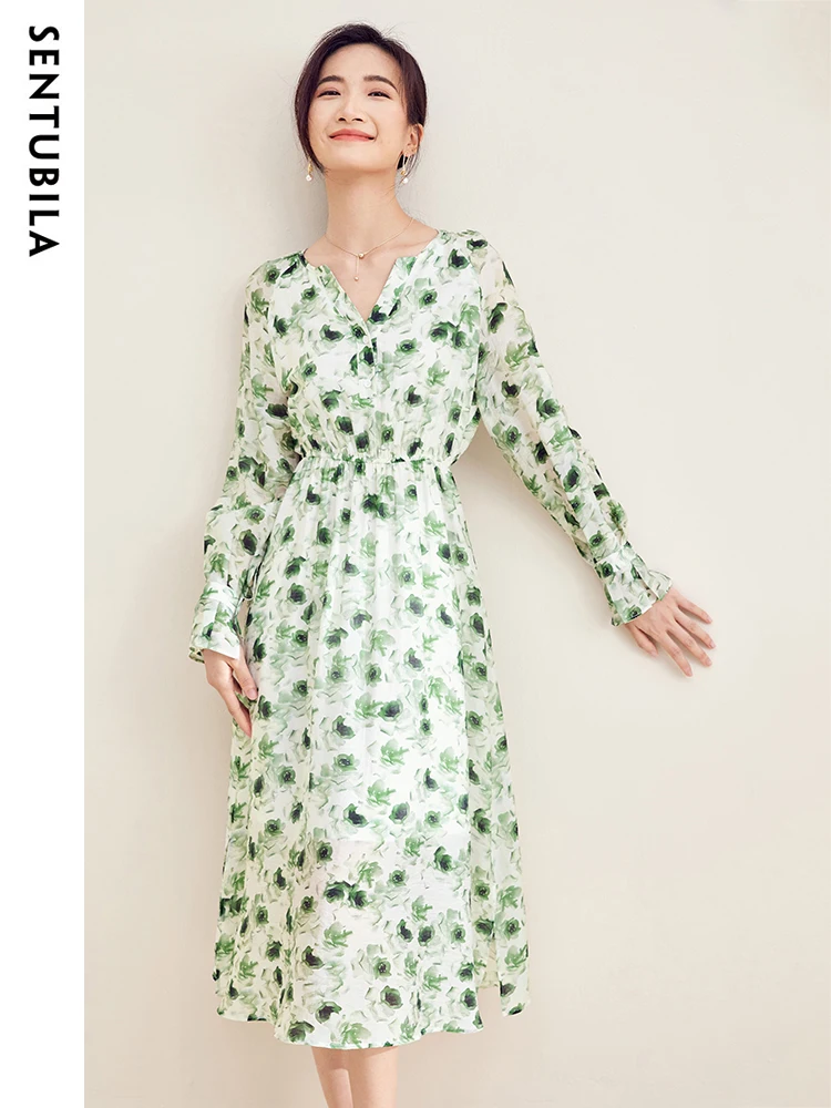 

SENTUBILA Floral Midi Dress Women V-Neck Long Sleeve Romantic Silky Lyocell Dresses Woman Spring Autumn New 133L51229