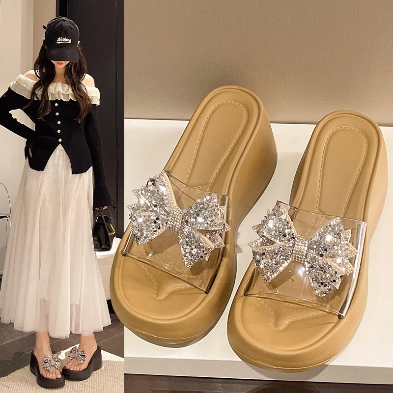Luxury Silver Glitter Bowknot Slides Transparent Pvc Strap Chunky Platform Wedge Heels Slippers Sexy Party Dress Sandals Size