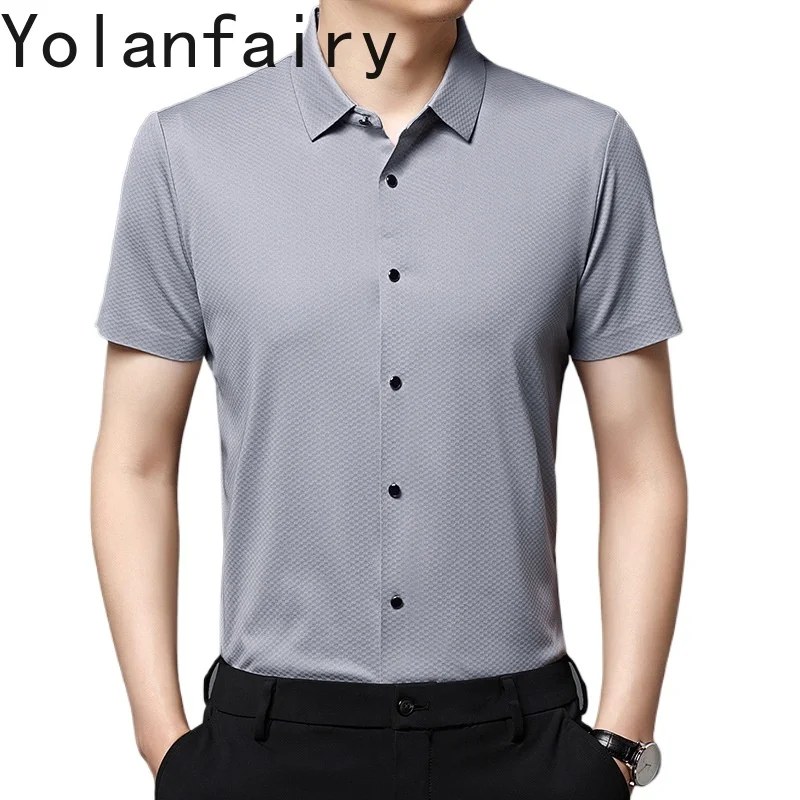 

YOLANFAIRY Mulberry Silk 9.9% Shirt for Man Mens Shirts Short Sleeves Mens Clothing Summer Shirts for Men Chemise Ete Homme Tops