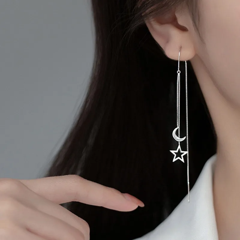 2025 New 925 Sterling Silver Star Moon Tassel Earrings for Women Simple Long Cut out Design Fashionable Jewelry Accessory