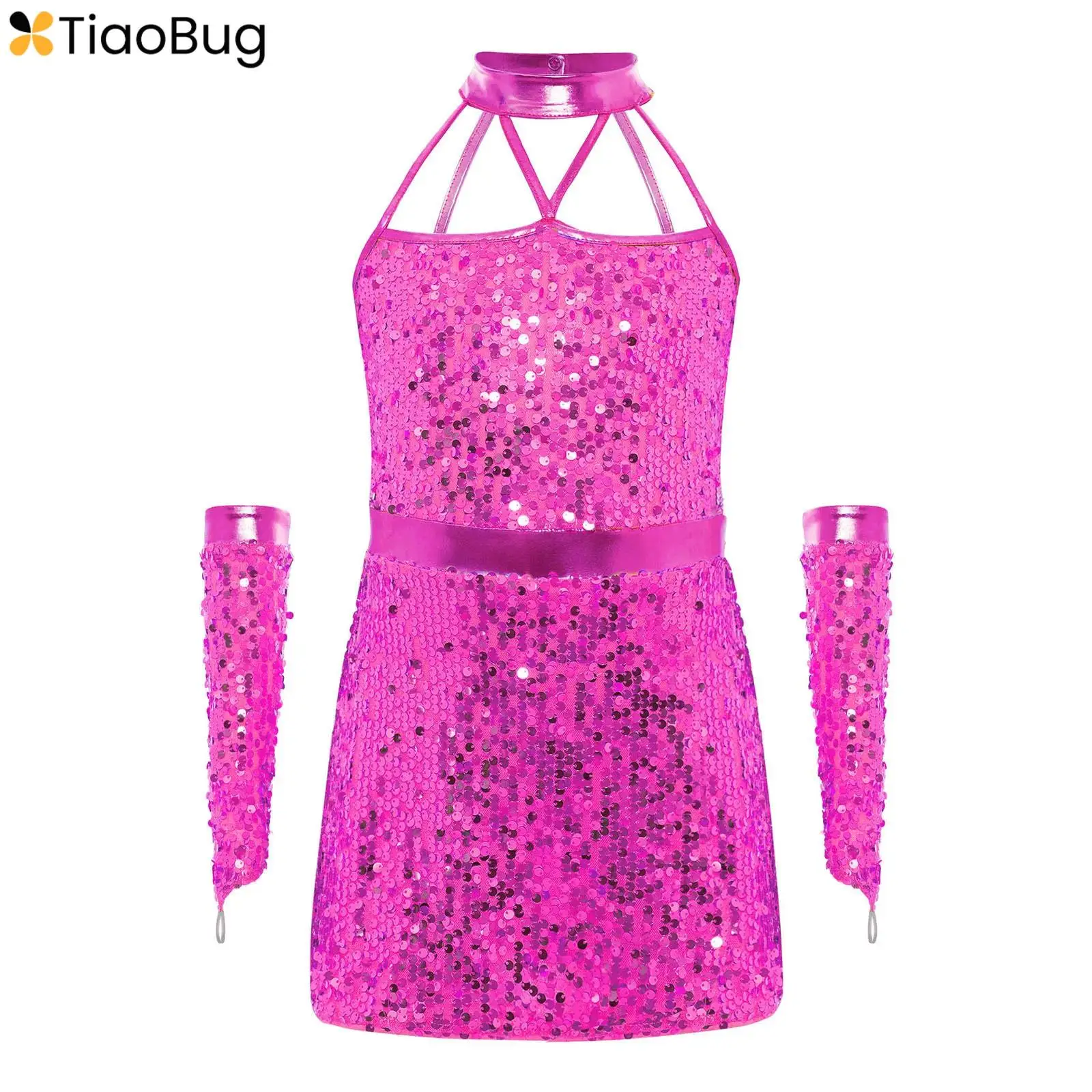 

Kids Girls Figure Skating Dance Leotard Dress Sparkling Sequins Ballet Gymnastics Acrobatics Jazz Dancing Bodysuit with Gloves