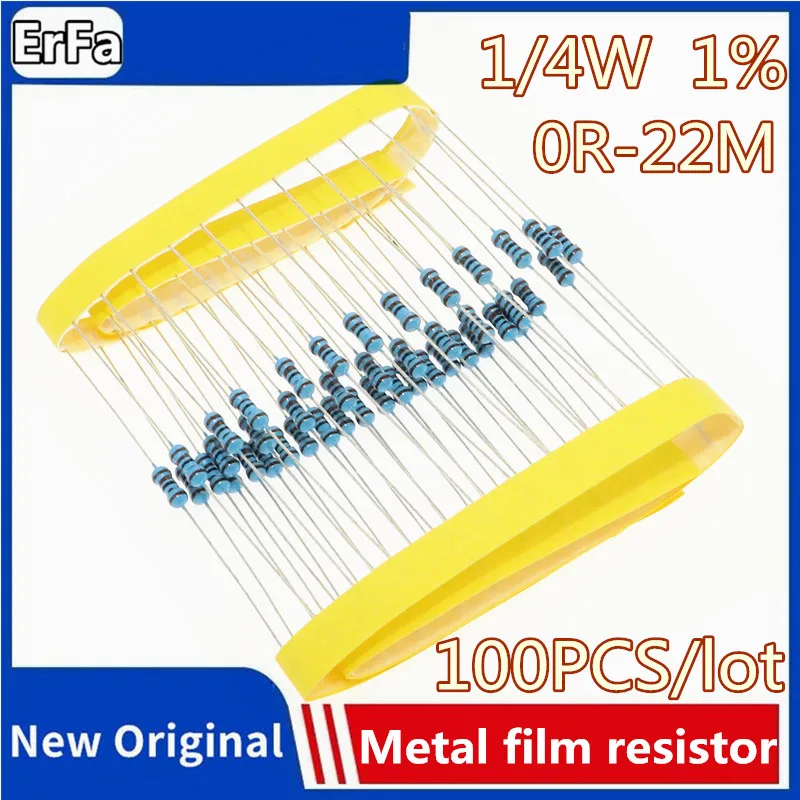 100pcs 1/4W 1% Metal film resistor 0R~22M 10R 22R 1R 6.8R 1K 2.2K 4.7K 6.8K 10K 33K 68K 100K 6.8M 10M 2K2 4K7 ohm resistance