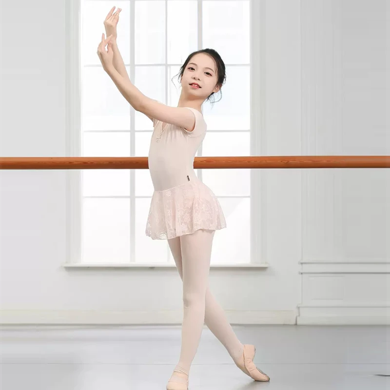 สาว Leotard คลาสสิกกระโปรงบัลเล่ต์ผ้า Dance สวมเสื้อแขนสั้นผ้าฝ้าย Ballerina Dancewear ชุดว่ายน้ำการปฏิบัติชุดบอดี้สูท