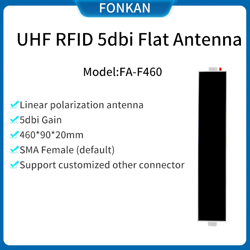 

UHF RFID-антенна Линейная 460*90*20 мм RFID-антенна с плоской панелью UHF High Gian 5dbi Узкий луч контроля доступа