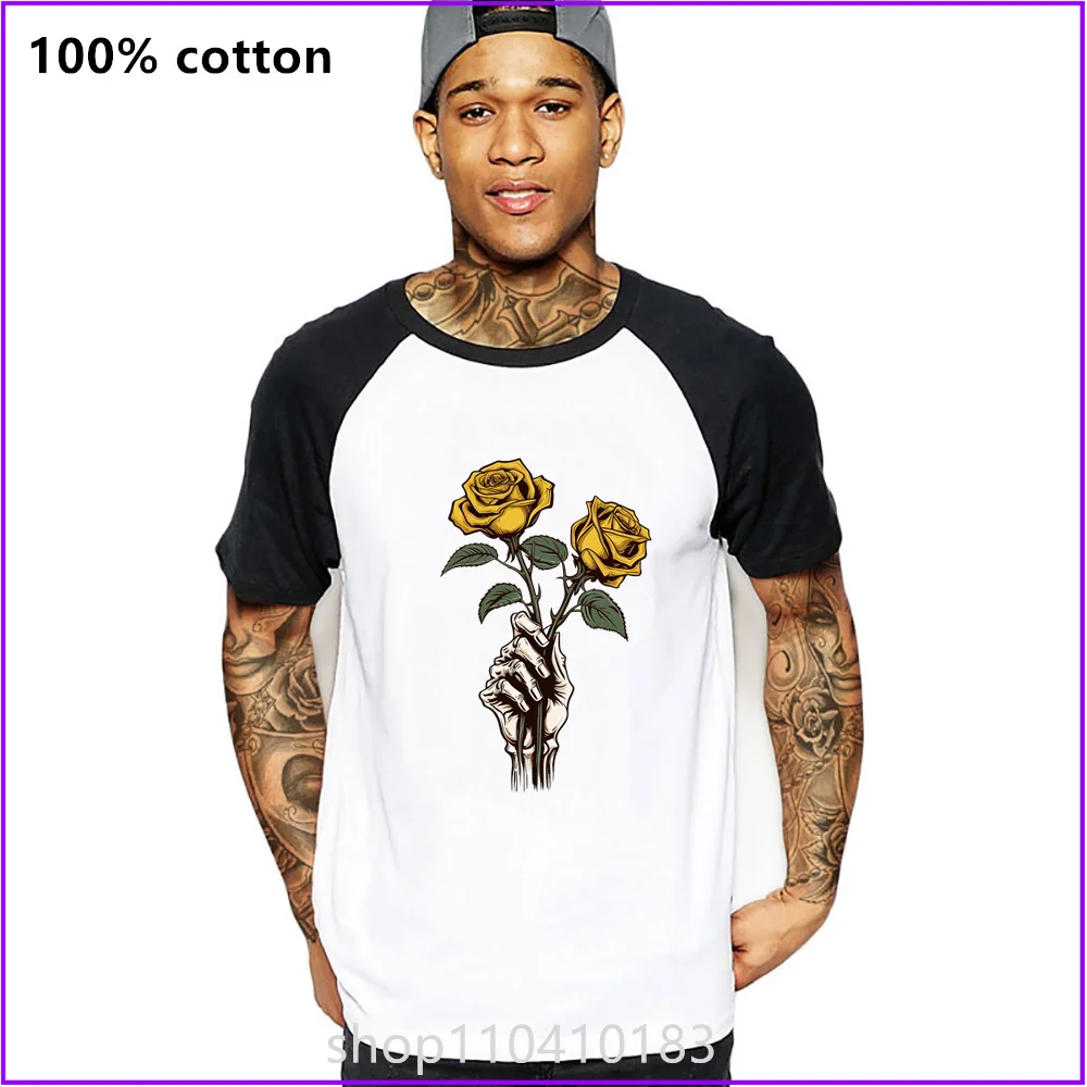 Skeleton Hand Holding Yellow Rose Skull Horror T Shirts For Men'S Women Tshirt T-Shirt Drop Shoulder High Quality Work Couple