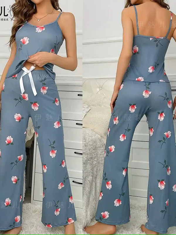 New Floral Print Sexy Casual Suspender Pants Home Suit Set Cute Outfits For Women Cute Floral Pattern Comfortable Women's  AMZA