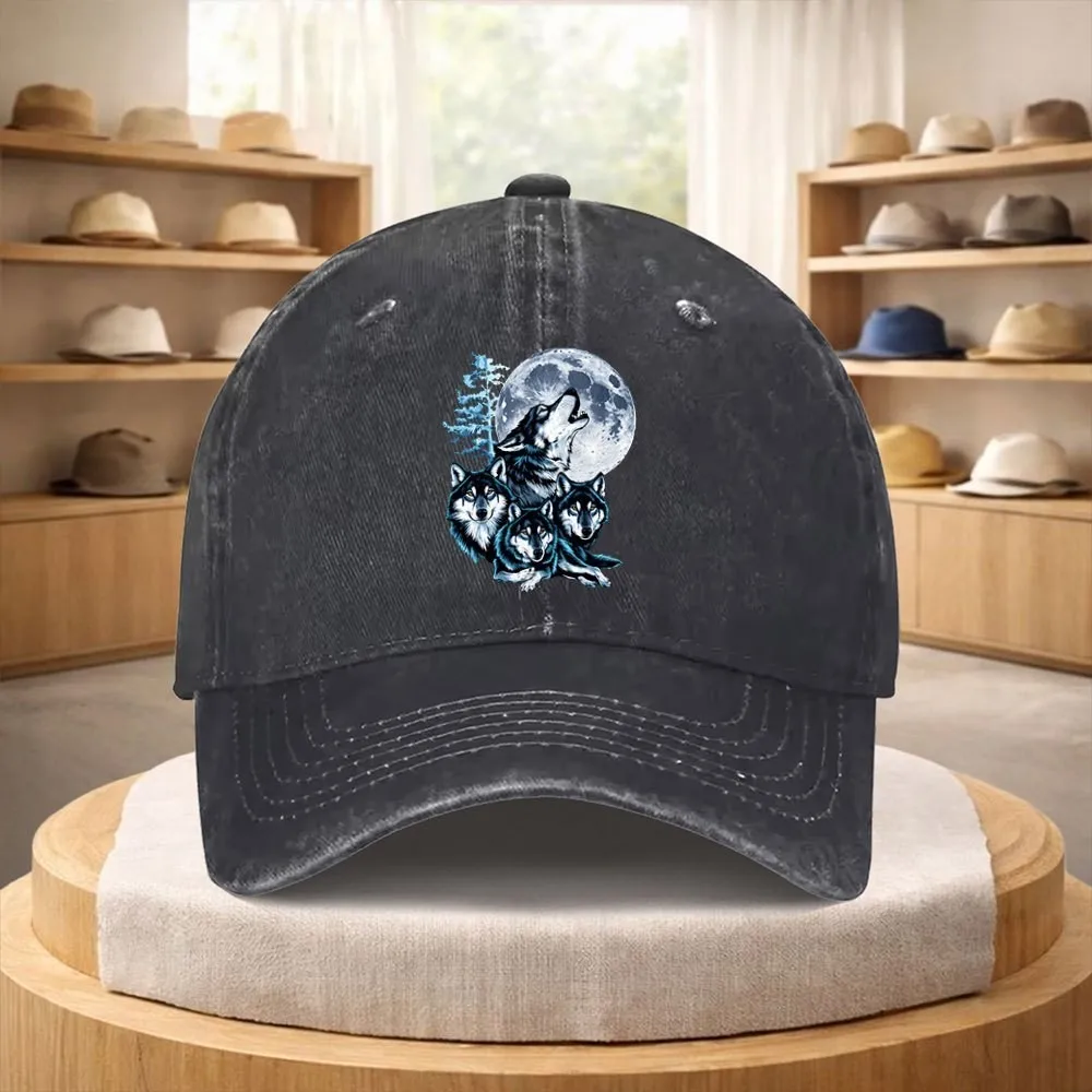 Wolf Pack Howling Moon Baseball Cap Vintage Washed Denim Adjustable Sun Hat for Unisex Street Style