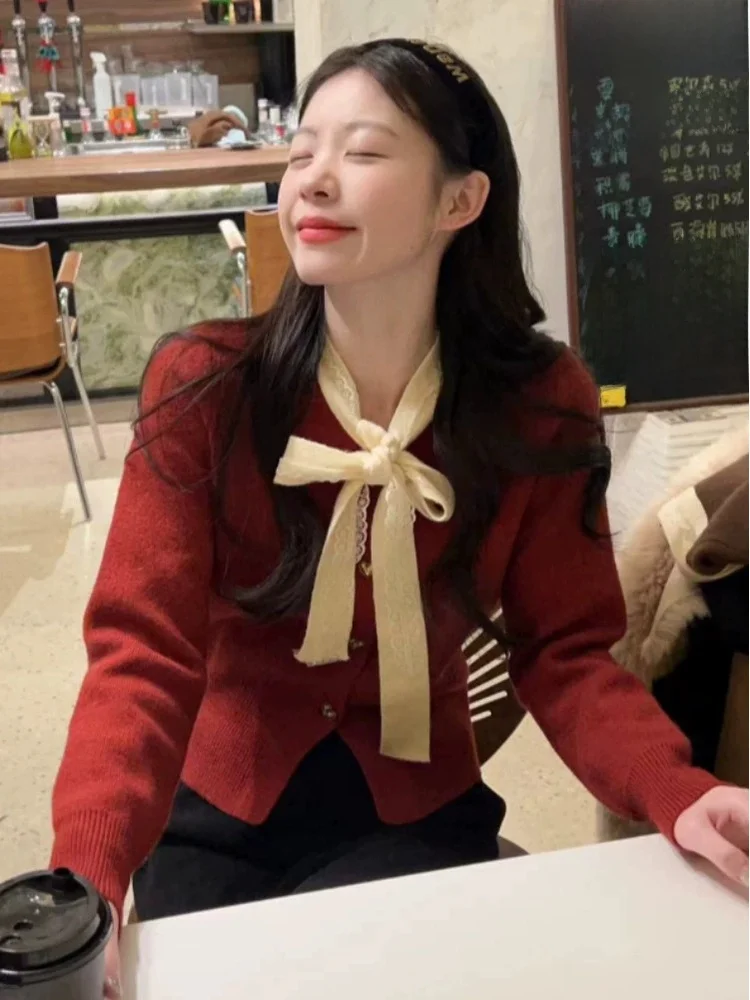 

Red Knot Sweater Cardigan Women's Autumn Winter Faionable Knitted Top New Year's Clothing Gentle Sle Versatile ...