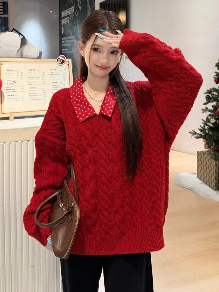 

Red Knitted Loose Neck Sweater Women's Autumn Winter Christmas Fashion Korean Style Lazy Style Knitted Top Single Piece