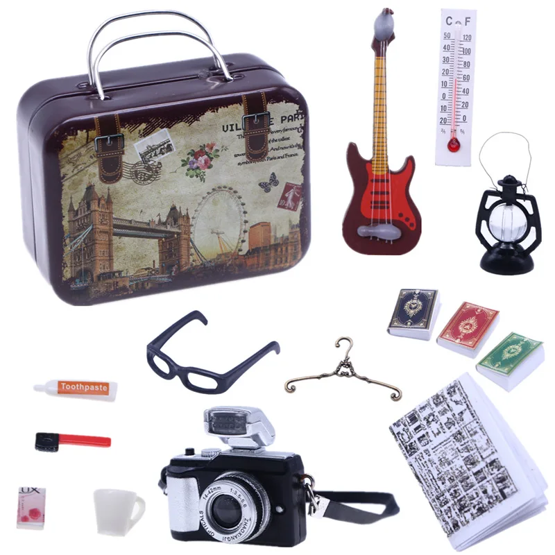 Doll House Vintage Travel Kit, Mini Tinplate Box BJD Life toiletries Books Thermometer Guitar