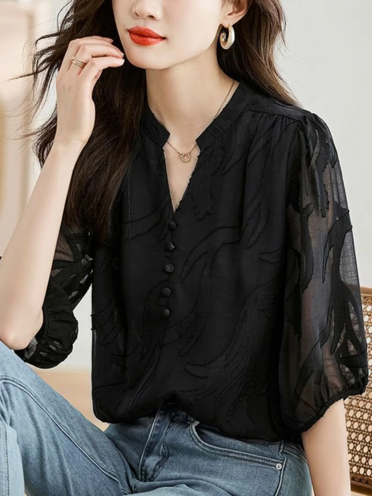 

Black Lace Trim Chiffon Shirt Women's Summer New Fashion Loose Belly Covering Top Thin Short Sleeve Splicing Design