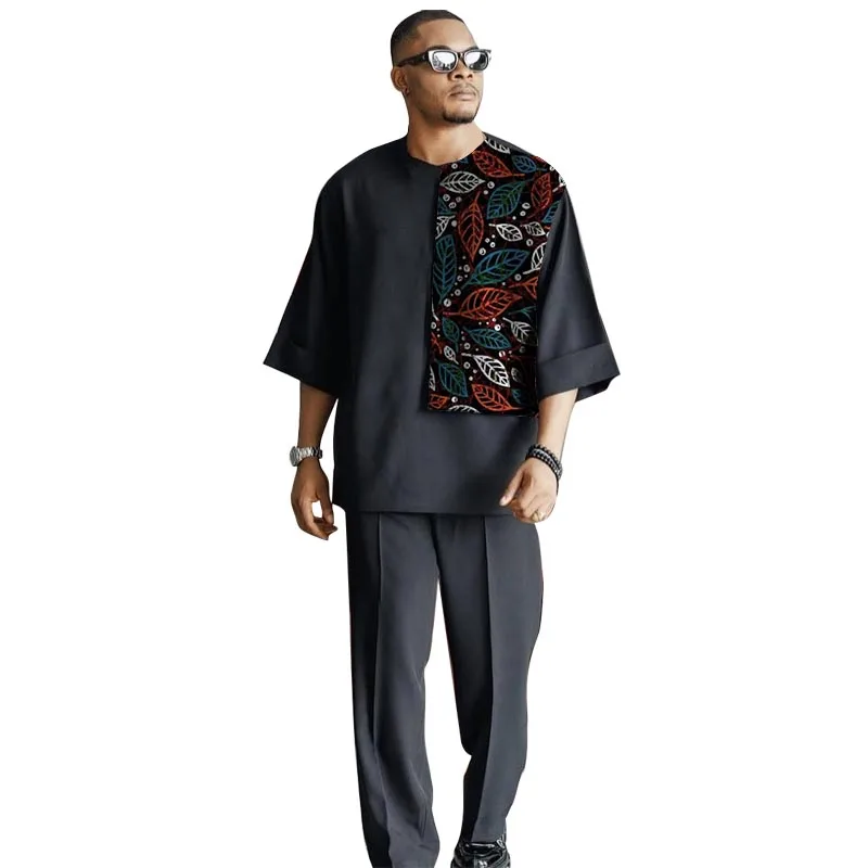 Ropa africana de manga 3/4 para hombre, conjunto holgado de estilo nigeriano, Tops de retazos con pantalón, traje de fiesta hecho a medida