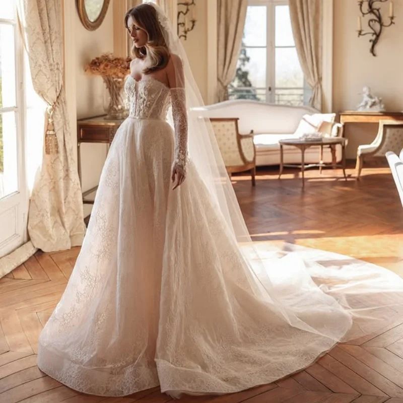 Lace white Appliques Wedding Dresses off-shoulder A-line Flower decal Long tail Bridal Gowns Made Customized