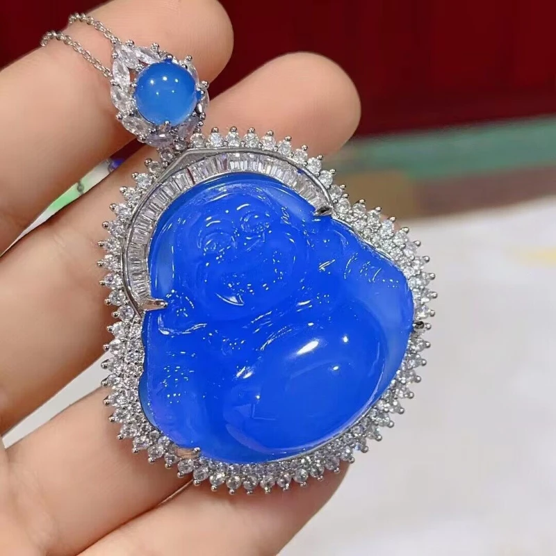 Natural 925 Silver Inlaid Blue Chalcedony Buddha Pendant Ice Blue Agate Maitreya Buddha Jade Necklace Ladies Luxury Jewelry Gift