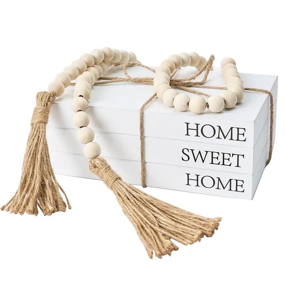 

Decorative Books For Home Decor, White Faux Books For Decoration, Rustic Farmhouse Stacked Display Books With 52In Wood Bead