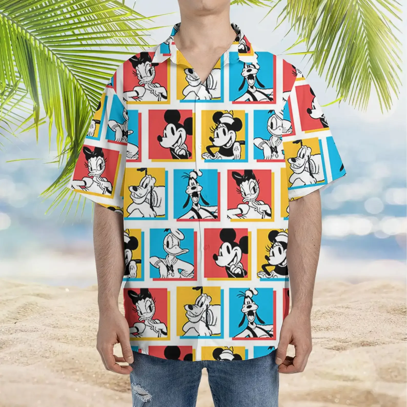 Miniso camisa hawaiana de personajes de Disney para hombre, camisa de manga corta con botones Retro, Mickey Friends, Verano