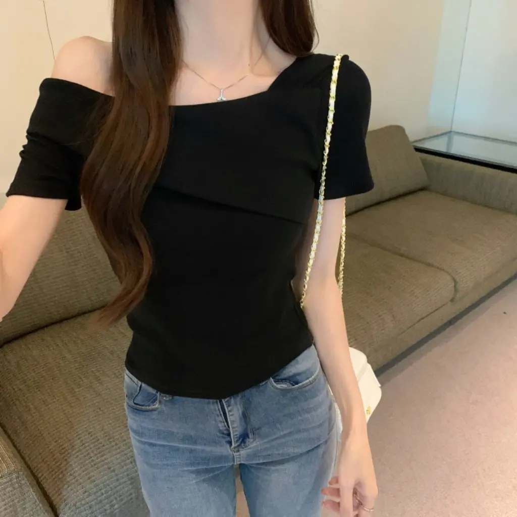 

Women's Short-Sleeved T-shirt Pure Cotton Summer One-Character Collar Trendy Ins Design Beautiful Back Niche Top Spot