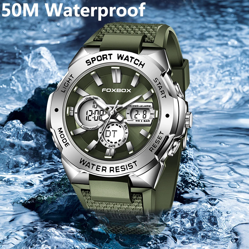 FOXBOX Men Watches Top Brand Luxury Sport Luminous Male Clock Silicone Strap Digital Quartz Army Waterproof Original Wristwatch