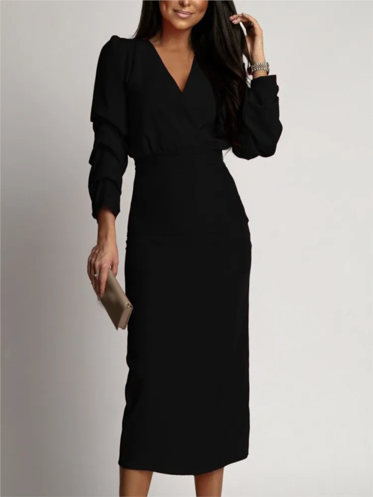 

Autumn Winter Fashion Solid V-neck Long-sleeved Split Dresses Women Elegant Folds Package Hip Midi Dress Woman Evening Dress