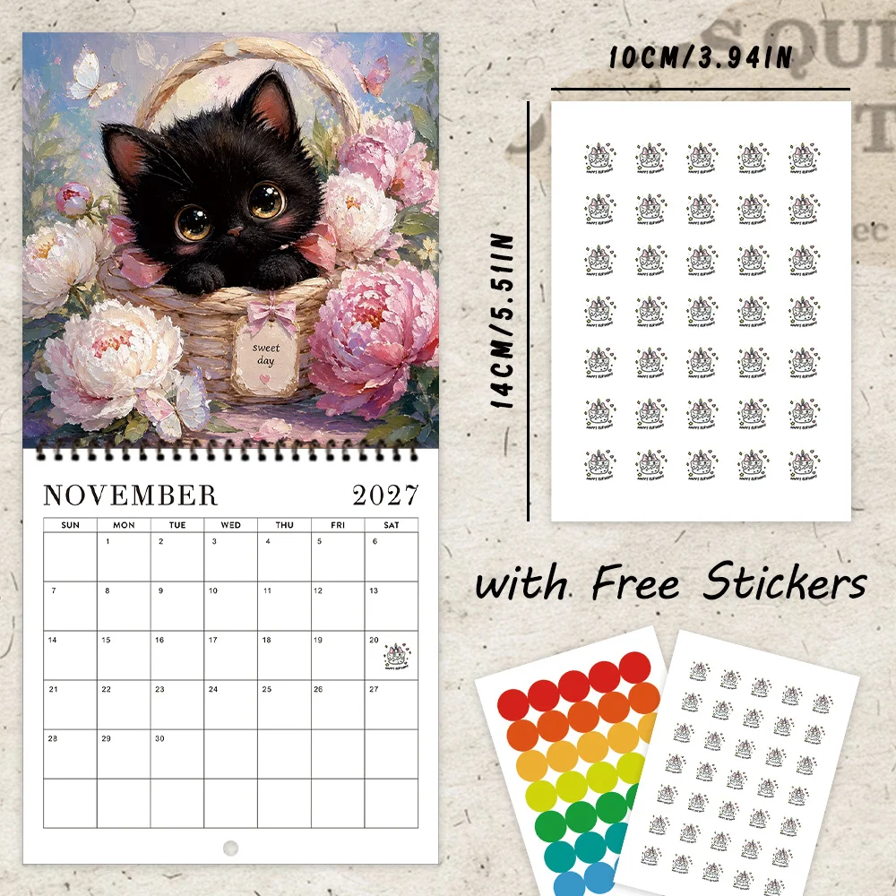 1pc 2027 Vintage Black Cat Wall Calendar,12‑Month Planner,Gift For Back‑to‑School,Christmas,New Year,Free Stickers Included