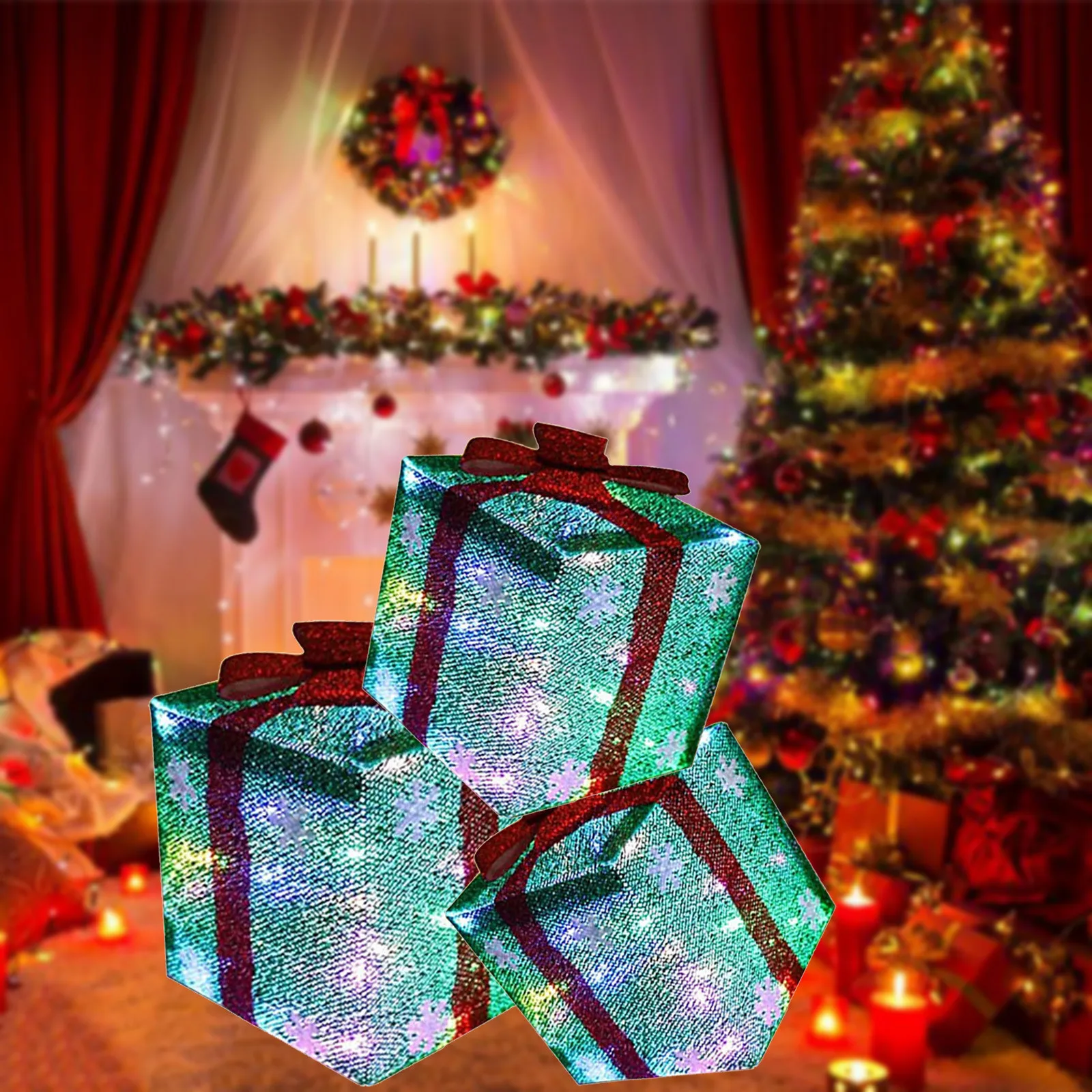 

Christmas Glow Gift Box Merry Christmas Ornament LED Light Flocking Gift Box Xmas Home Tree Party Decroation Supplies 2025