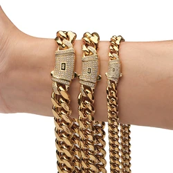 6-14mm Gold Color Stainless Steel Cuban Miami Chains Necklaces CZ Zircon Box Lock Link Chain for Men Hip Hop Rock jewelry