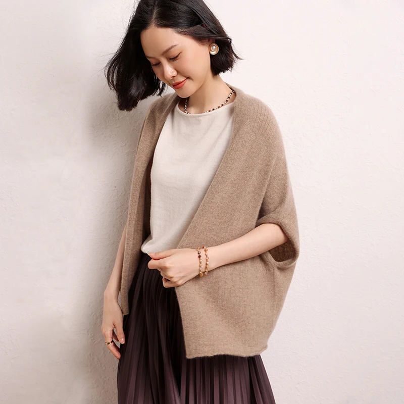 Autumn Winter 100% Goat Cashmere Women\'s Knitted Shawl Korean Fashion Cardigan Poncho Capes Warm Shawl Wraps Lady Solid Sweater