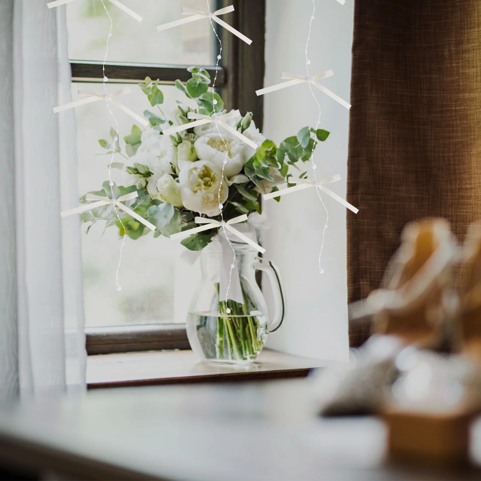 

Bow Bead String Curtain Decorative Tassels for Doorway Window Bedroom Restaurant Living Room Wedding Party Decoration Beige