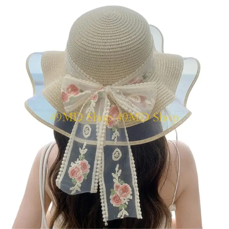 49MD Western Straw Hat Handwoven Breathable Sun Hat Vintage Simple Hat Embroidered Flower Ribbon Bow Straw Hat for Summer