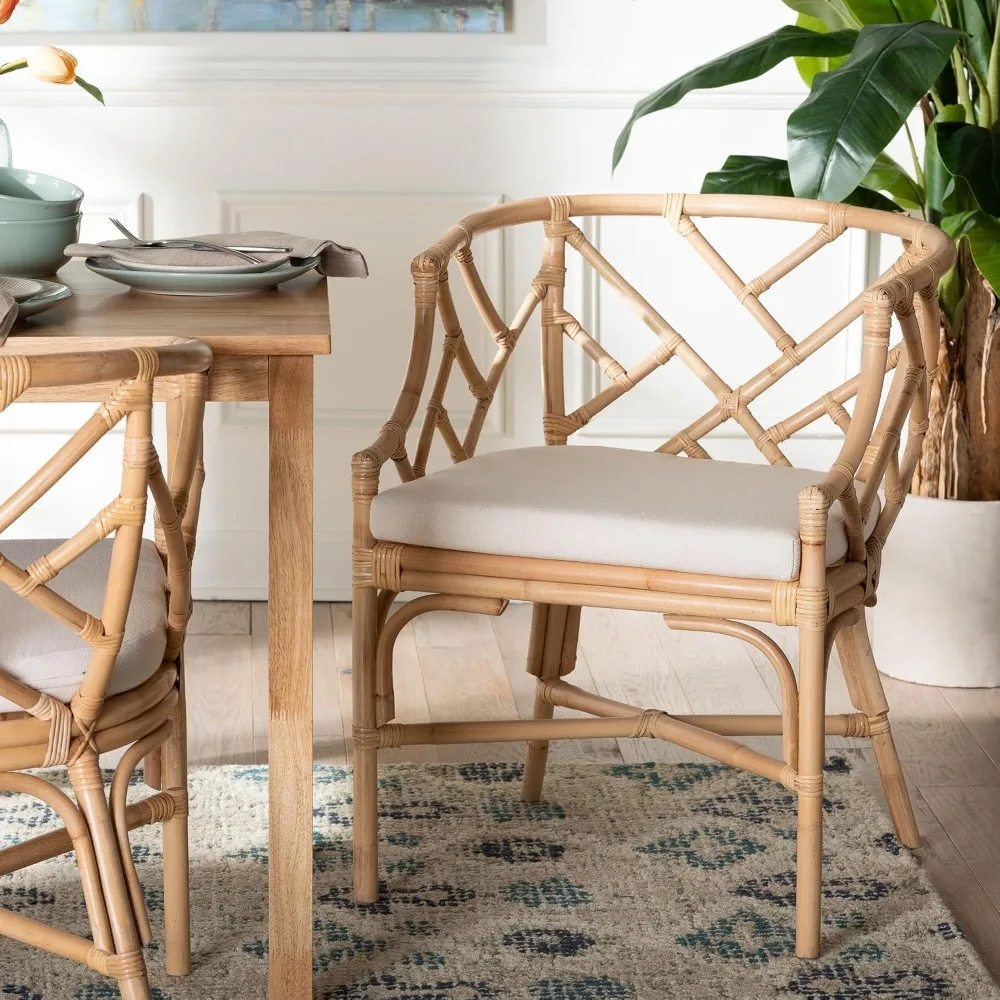 Handwoven Rattan Dining Chair with Bamboo-Style Frame and Lattice Detail for Boho, Coastal, or Tropical Décor